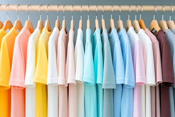 colorful t shirts hanging on racks, AI geneated