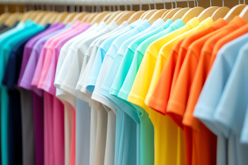 colorful t shirts hanging on racks, AI geneated