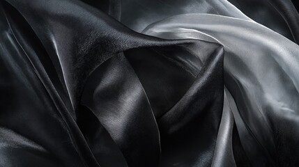 Black fabric organza with folds background. Dark organza texture background.