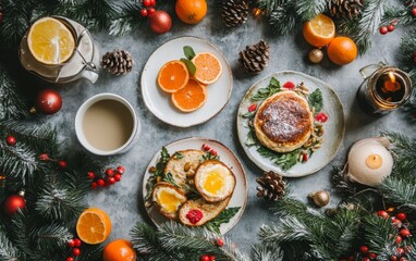 Holiday breakfast table with pancakes, oranges, and pine branches, creating a cozy Christmas morning atmosphere