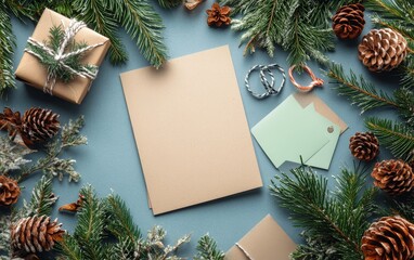 Blank card surrounded by pine cones, fir branches, and gift tags on a blue background, perfect for holiday greetings or invitations