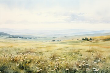 Sticker - Field landscape painting grassland.