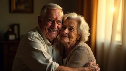 Elderly couple hugging, smiling in great mood at home