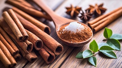 Sugar and Spice: A rustic wooden spoon holding a mix of sugar and cinnamon. The aroma seems to waft from the photo. 