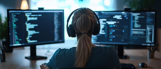 A woman is focused on her work at a computer desk in a modern office environment, using multiple screens to enhance productivity and creativity.