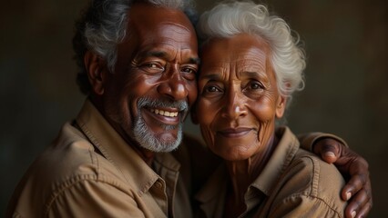 Elderly African couple hugging, smiling in great mood at home