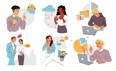 Wall Mural - set of business activity scenes. man and woman entrepreneurs or office employees communicate with co