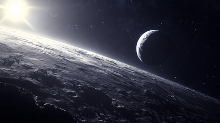 A dark sky with a bright sun in the background. The sun is shining on the planet and the moon