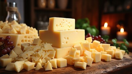 A Rustic Wooden Board Overflowing With Cubes, Slices, and Shreds of Creamy Yellow Cheese, Bathed in Warm Candlelight