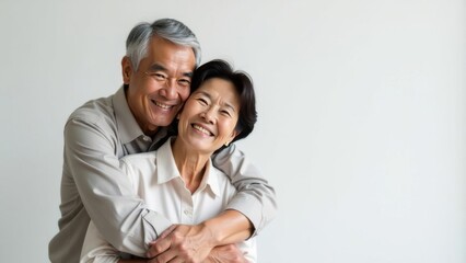 Elderly Asian couple hugging, smiling on a white background, in a great mood. Free space for text