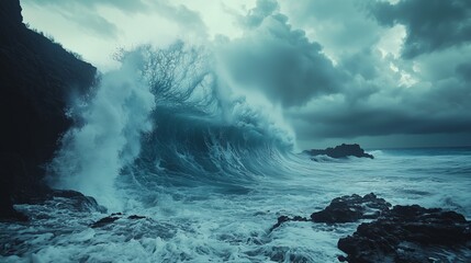  Majestic Ocean Wave Crashing Against Rocky Cliffs