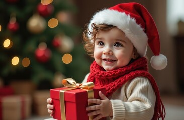 A happy child in a Santa Christmas hat holding a gift box against a background of Christmas trees. Celebrating Merry Christmas, New Year's Eve, December holiday concept