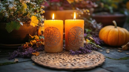 Celtic Samhain Festival celebration with candles and seasonal decorations