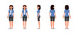 © yindee - Woman front, side and back view wear blue shirt character vector illustration design set. Presentation in various action.
