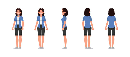 Wall Mural - Woman front, side and back view wear blue shirt character vector illustration design set. Presentation in various action.