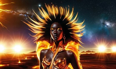 Wall Mural - A stunning cosmic woman adorned in radiant flames against a breathtaking celestial backdrop under a starry sky at twilight