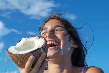 A brunette teenage girl radiates happiness as she enjoys a scoop of strawberry ice cream, standing against a beach backdrop with golden sand and crashing waves in the distance