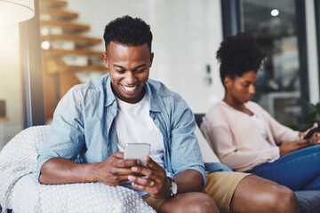 Aufkleber - House, typing and couple on sofa, smartphone and relax with smile, connection and social media. Apartment, woman and man on couch, cellphone and online cheating with network, texting and digital app