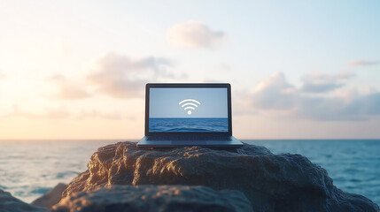 Laptop mockup computer with Wi-Fi signal symbols on screen, searches a free wifi connection available, in the middle of a rock podium with a sea and sky background