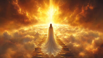 Ethereal figure ascending towards a radiant light in the clouds.