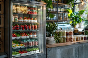 Products in refrigerators in store. A glass refrigerator in a restaurant with food and jars of spices. Conservation