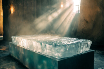 Sunlit Ice Block in Dim Room Emitting Mystical Vapor and Shadows