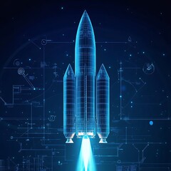 Abstract Futuristic Technology Background With Glowing Low Polygon Rocket Launch Taking Off On Blue