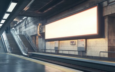 A creative 3D rendering of an empty advertising billboard in a modern subway station, complemented by stairs and platforms