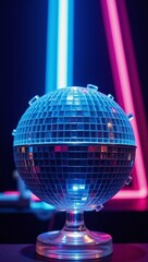 A captivating scene featuring blue and pink hues with a glowing neon effect and a vintage disco ball