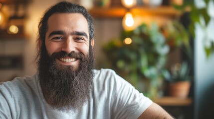 Bearded man smiling, sitting in a modern office with soft lighting, blurred plants in the background, daylight