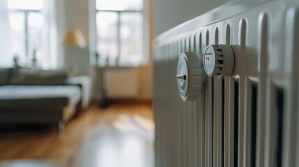 A close-up view of an electric radiator with a thermostat set against a white wall in the living room. This illustrates the concept of heat conservation, maintaining a comfortable home temperature