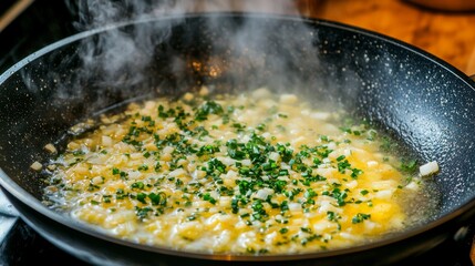 Steaming Hot Omelette with Chives in Nonstick Pan on Stovetop