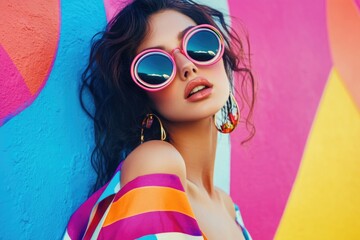 A woman wearing sunglasses leans against a colorful wall with geometric patterns and vibrant hues