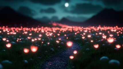 Sticker - A winding path through a field of glowing, pulsating flowers, the scent intoxicating, the air thick with an ominous presence.