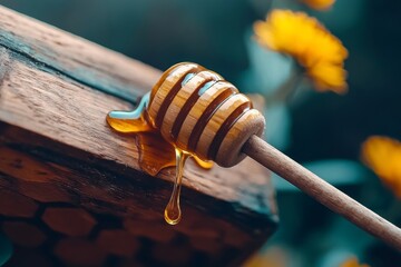 Honey Dripping from Wooden Honeycomb Surrounded by Flowers