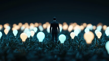 Wall Mural - A lone figure in a suit, standing amidst a field of blooming light bulbs, each bulb representing a different innovative idea.