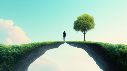 A lone figure in a suit, standing on a bridge between two worlds, one mundane and the other surreal, representing the transformation of business plans.