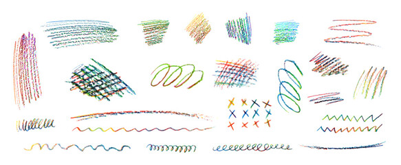 Wall Mural - set of naive playful shapes drawing by wax crayon pencil. children charcoal hand drawn colorful dood