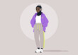 © nadia_snopek - A fashionable character dressed in a purple oversized jacket and sweatpants stands confidently with headphones on, She enjoys music, blending modern style with cultural expression