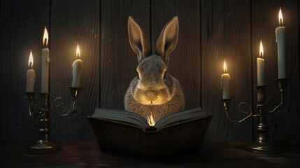 A rabbit is sitting in front of a book with a candle in front of it