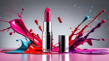 A luxury lipstick tube. Lipstick isolated on the Paint Splashes background. Surreal double exposure of lipstick and abstract paint splashes. Lipstick, elegant advertising, cosmetics for women's lips