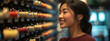 © boyhey - An Asian woman stares at a large wine rack wall in a nice restaurant