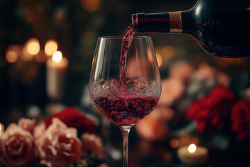 A bottle of wine being poured into a crystal glass, showcasing the rich red color and elegant presentation