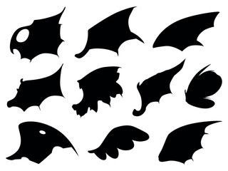 Wall Mural - Black dragon wings silhouette. Isolated wing of dragons fairy lady butterfly. Flying elements for tattoo logo decoration design, nowaday vector set