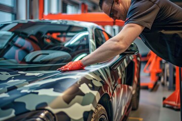 Man waxing car in garage