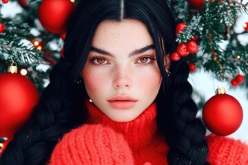 Wall Mural - Festive portrait of a young woman in red sweater surrounded by christmas decorations