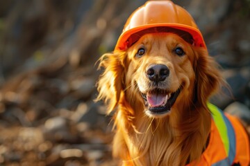 Construction site dog in personal protective equipment