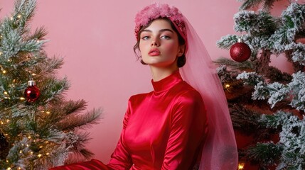 Wall Mural - Woman in Red Dress by Christmas Tree