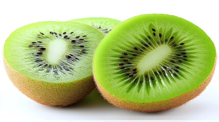 Two halves of a kiwi fruit and one whole kiwi fruit.