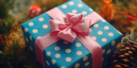 Wall Mural - Blue Gift Box with Pink Bow